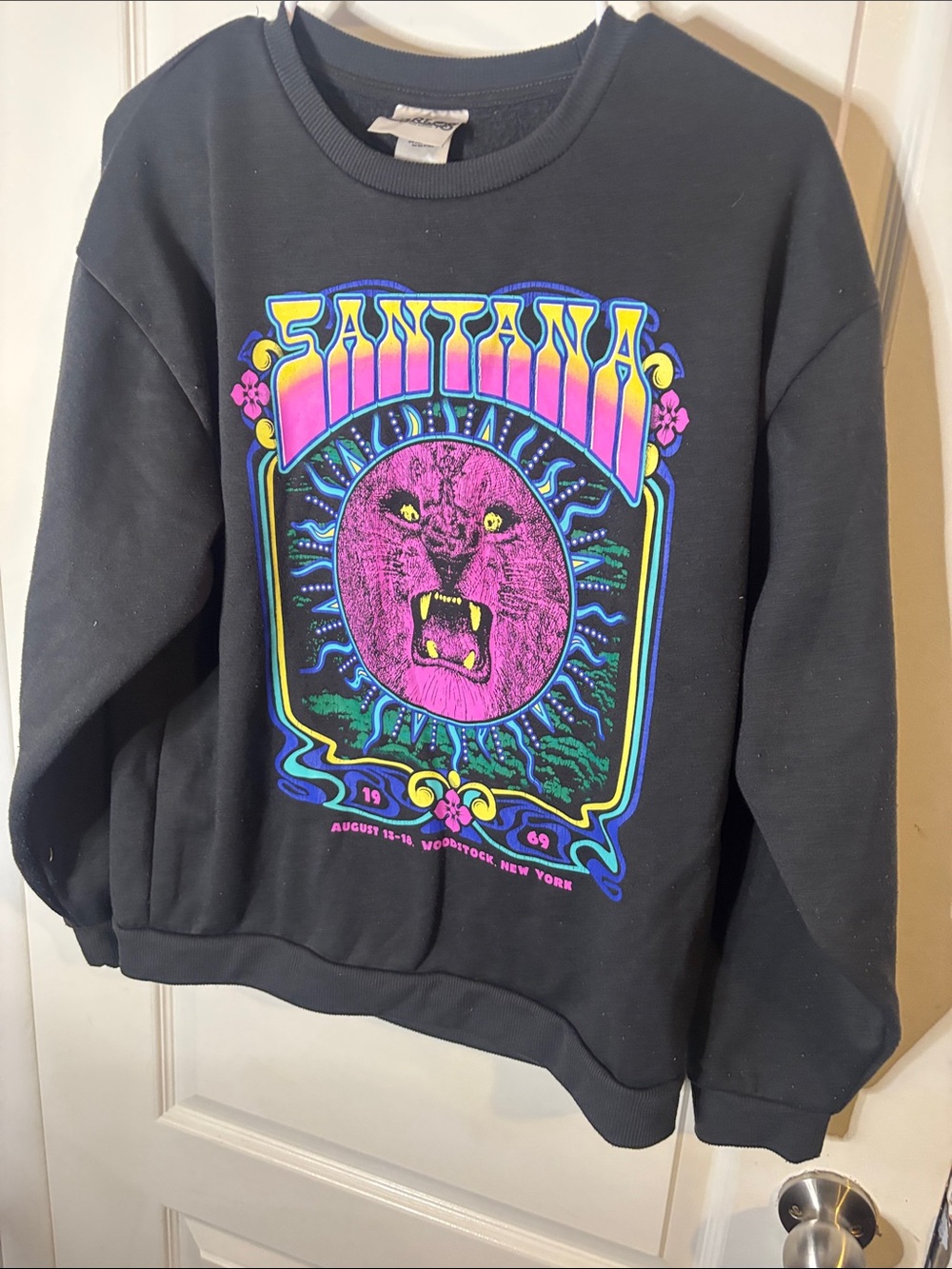 Carlos Santana Black Crewneck with Neon Pink & Blue Graphic